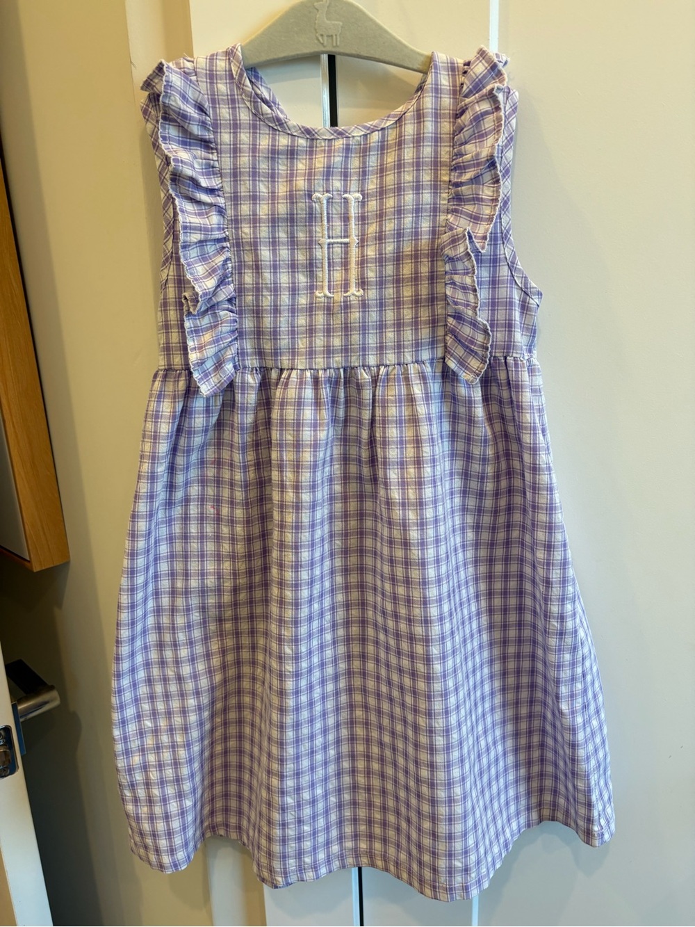 Girls' Lavender Plaid Ruffle Dress with Embroidered H